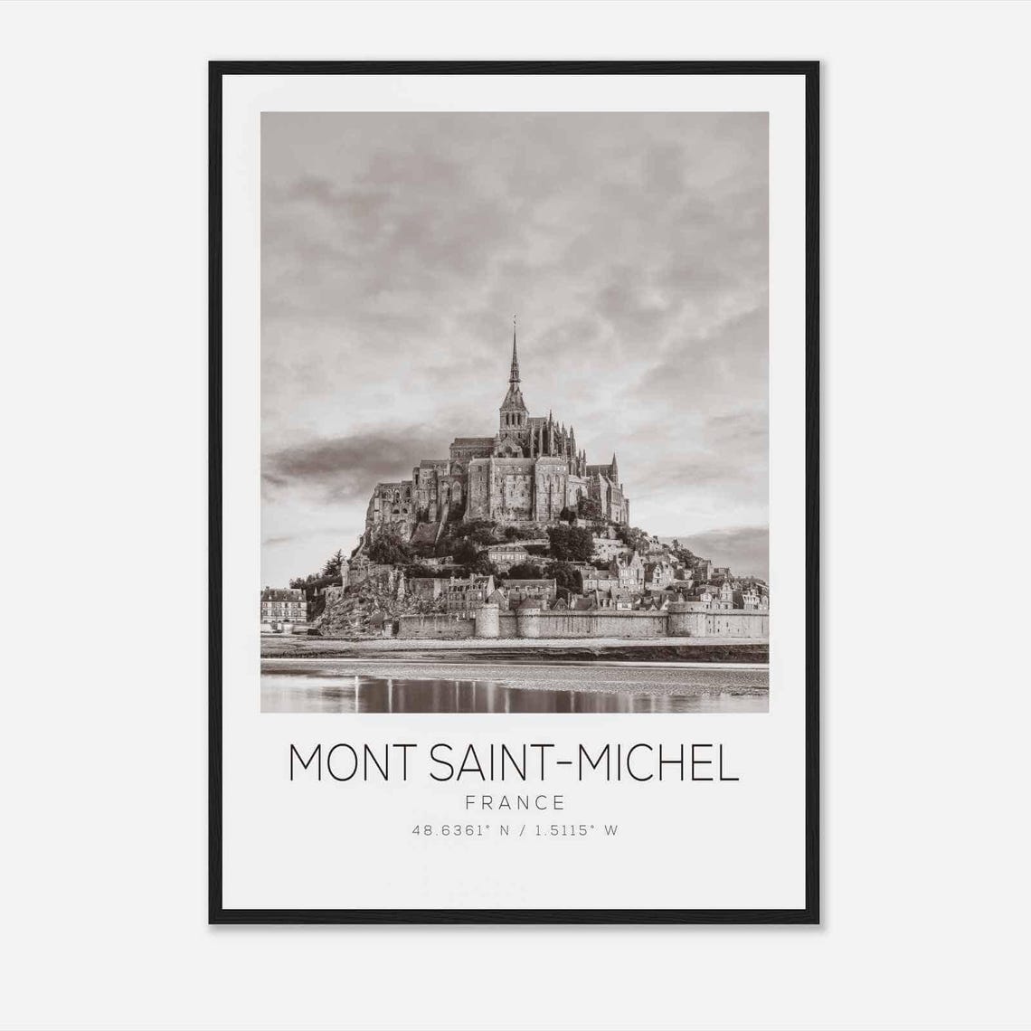 Mont Saint Michel France Travel Photo Poster Bw Mont Saint Michel Travel Print Minimalist Travel Poster Print