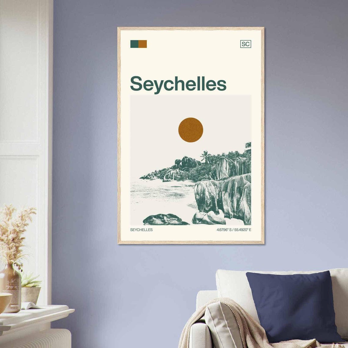 Seychelles Granite Boulder Beach Palm Sun Duotone Travel Poster - Image 2