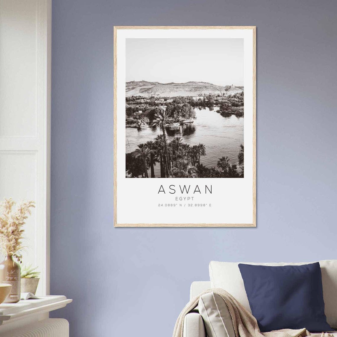 Aswan Egypt Black White Nile River Palms Scenic Travel Poster - Image 2