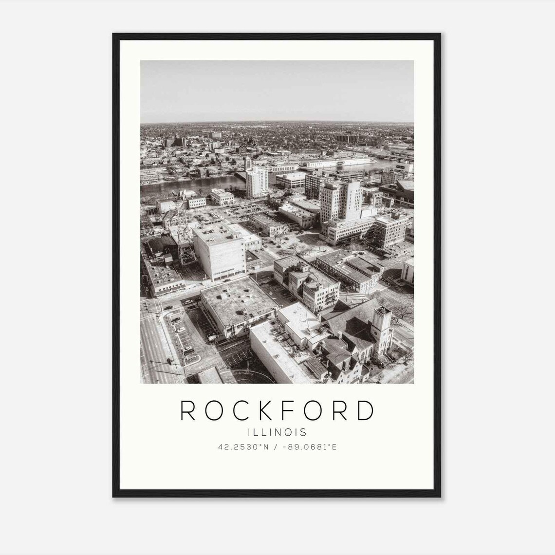 Rockford Illinois Downtown Aerial River View Monochrome Poster
