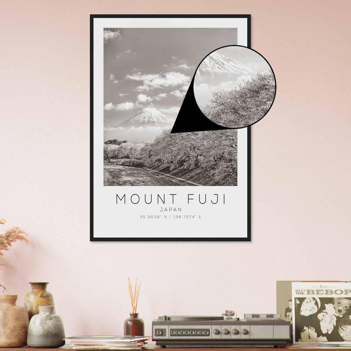 Mount Fuji Japan Cherry Blossom Season Black and White Photo Poster - Image 4