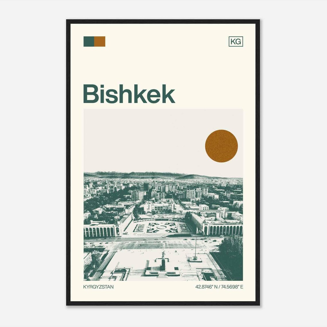 Bishkek Kyrgyzstan City Panorama Vintage Style Travel Poster