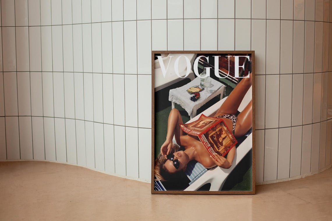 Vogue Style Poolside Woman with Magazine Summer Fashion Art Poster - Image 3