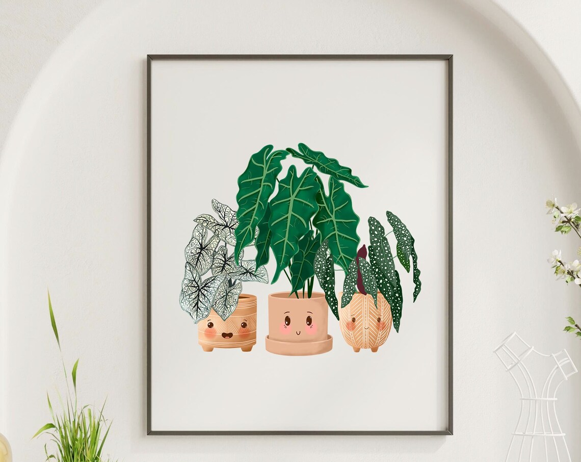 Syngonium Alocasia And Begonia Cute Smiling Plant Friends Poster