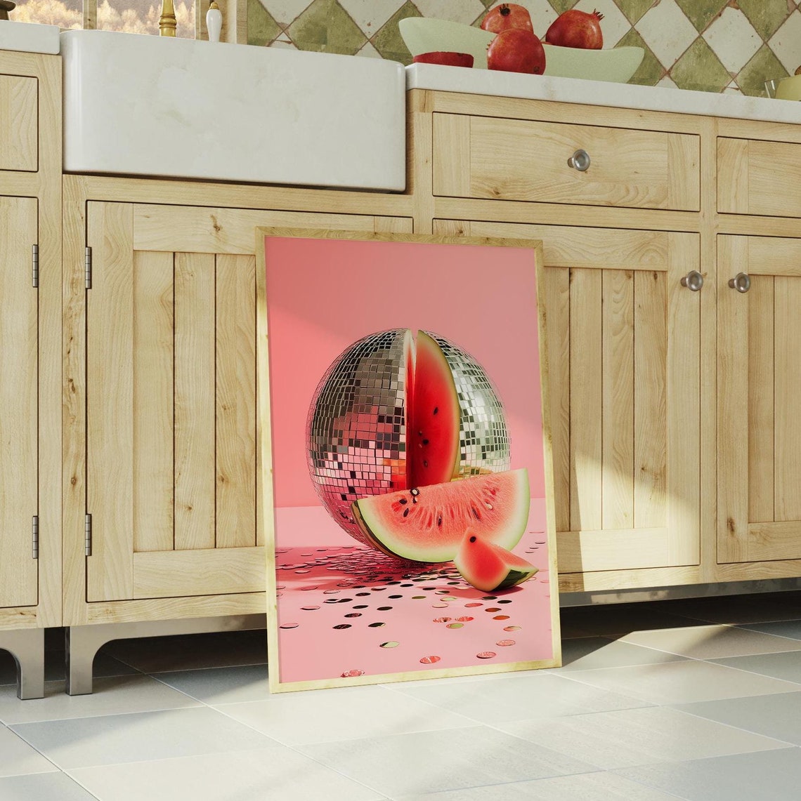 Summer Fun Disco Ball Watermelon Slices Pink Party Art Poster