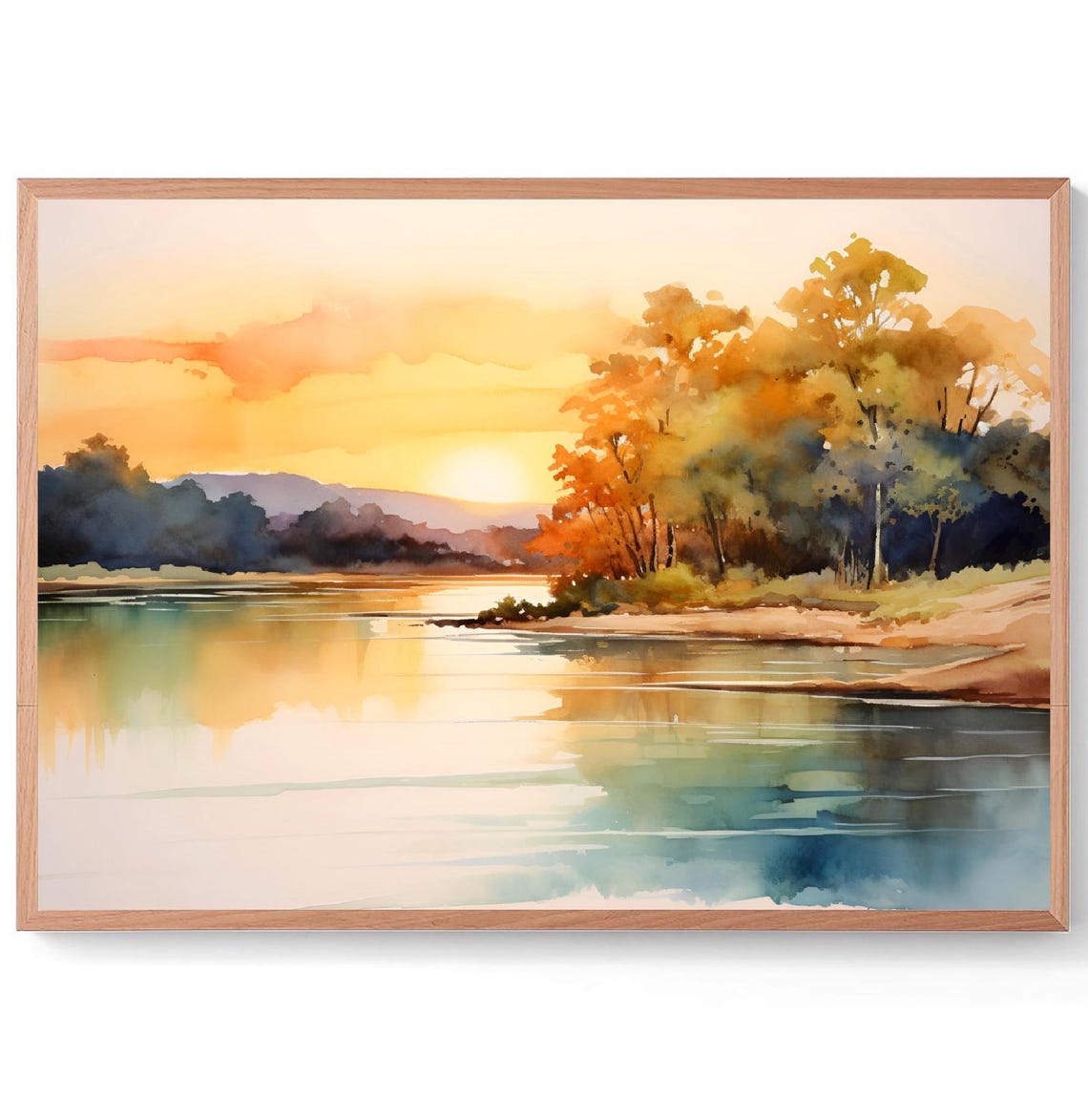 Autumn Lake Sunset Golden Trees Reflection Watercolor Art Poster