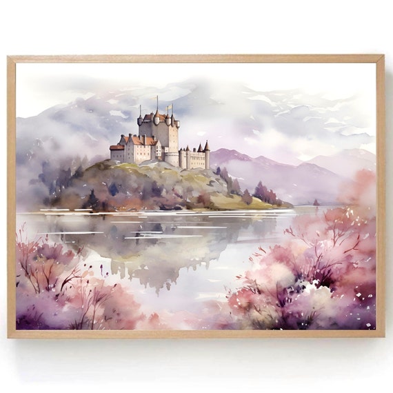Scottish Castle Watercolor Art Print, Highland Landscape