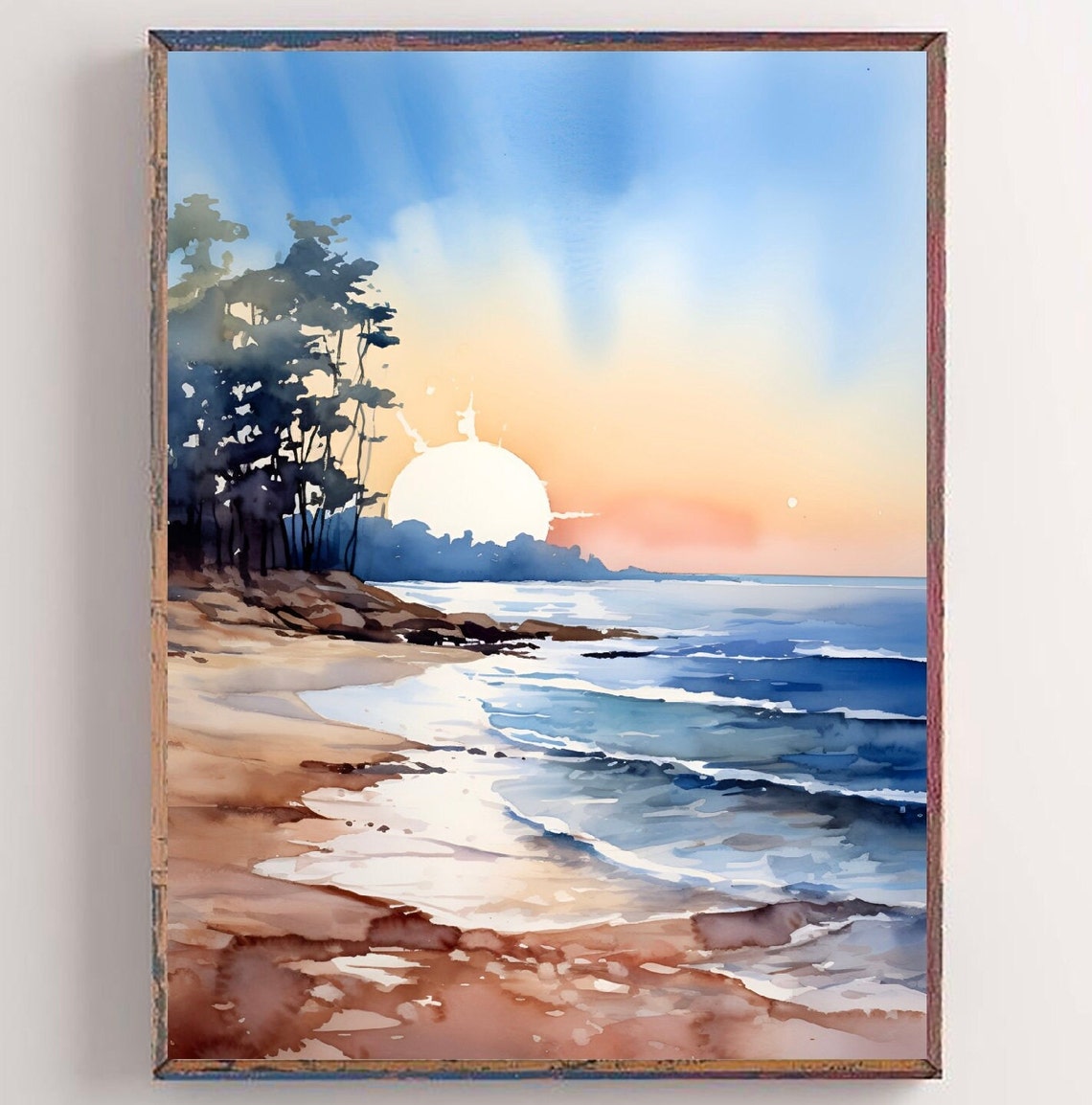 Beach Sunset Pine Trees Ocean Waves Golden Hour Watercolor Poster