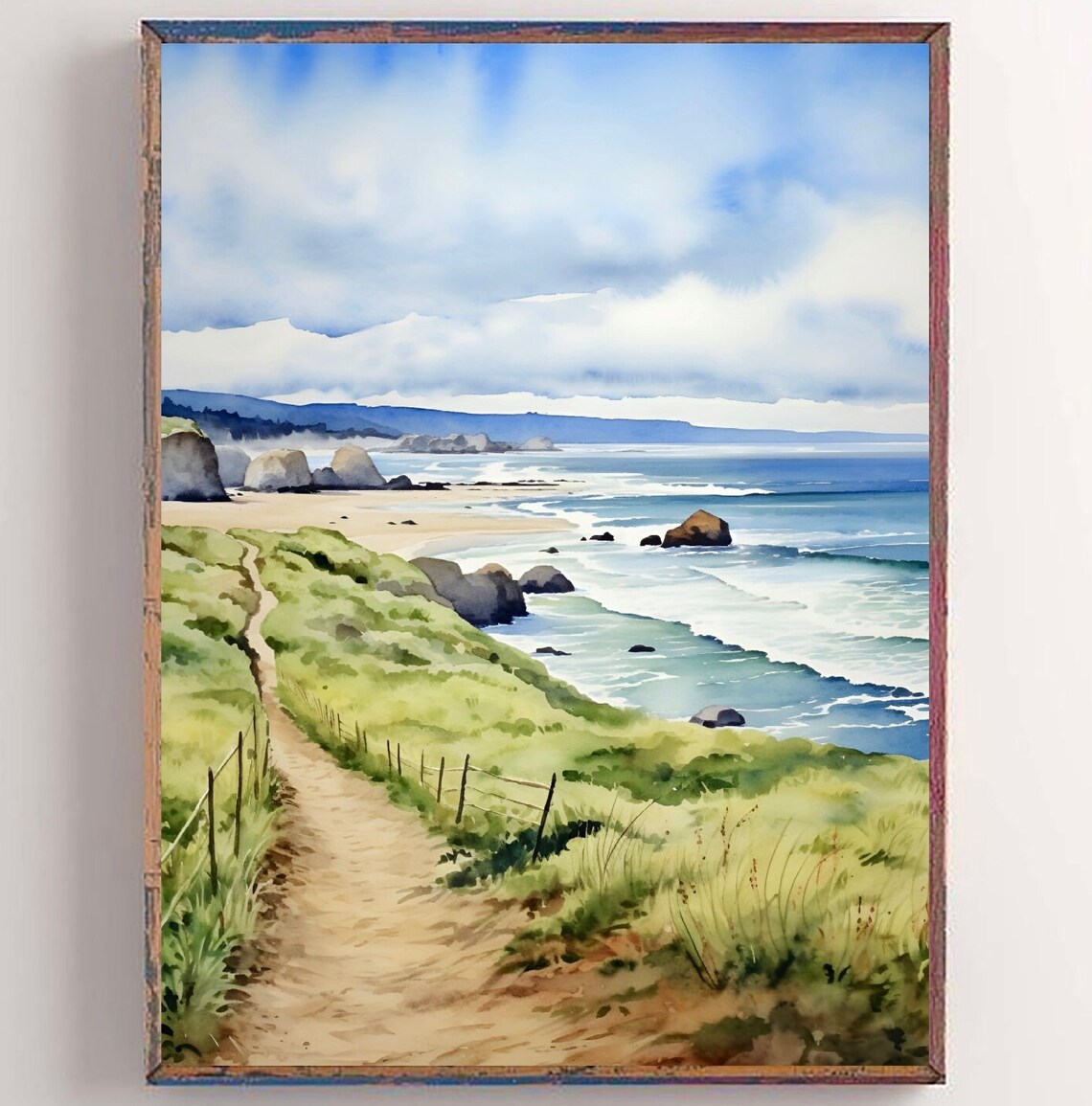 Coastal Trail Bluffs Ocean Beach Sea Stacks Watercolor Scenery Poster
