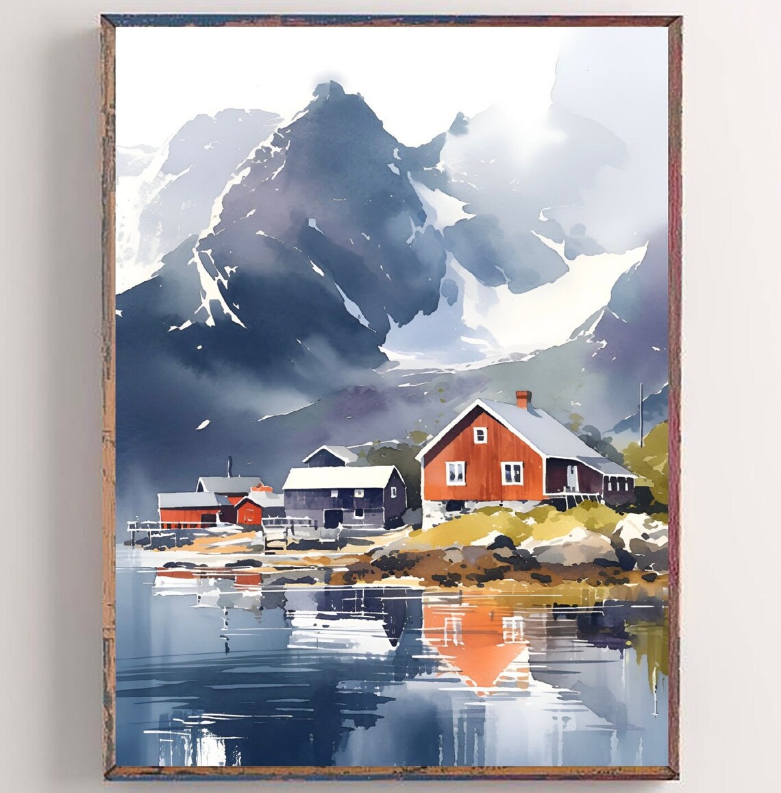 Bergen Watercolor Travel Poster, Scandinavian Norway