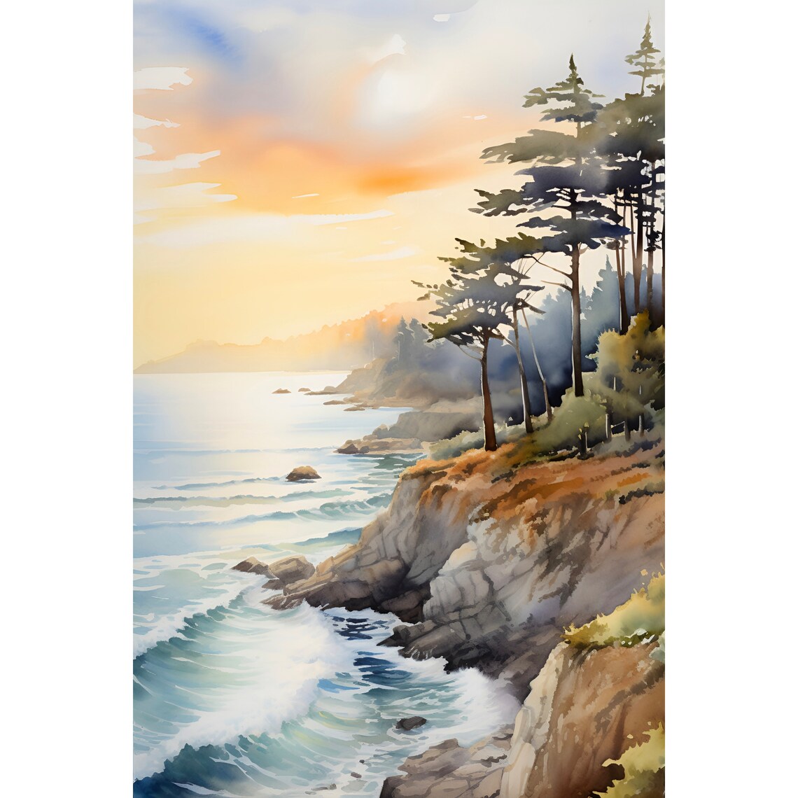 Lone Cypress Monterey Beach California Coast Wall Art Ocean Watercolor Painting Pebble Beach Poster California Travel Print Monterey Bay Art