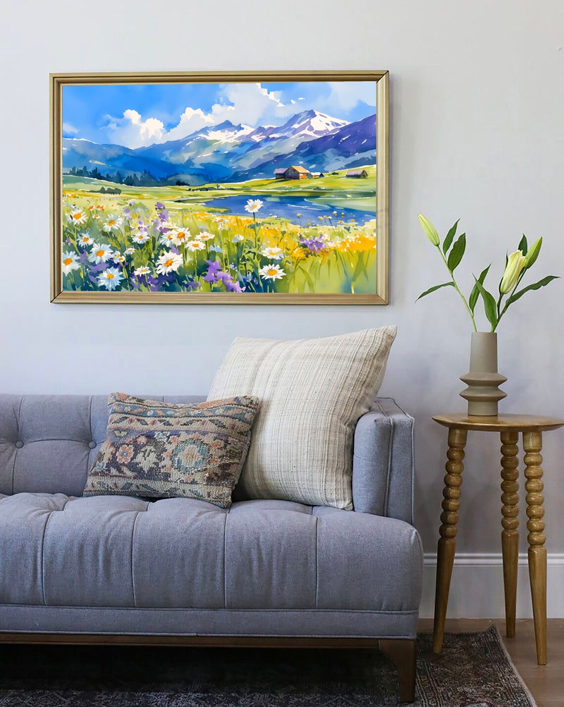 Pennine Alps Daisy Meadow Lake Cabins Watercolor Mountain Art Poster - Image 2