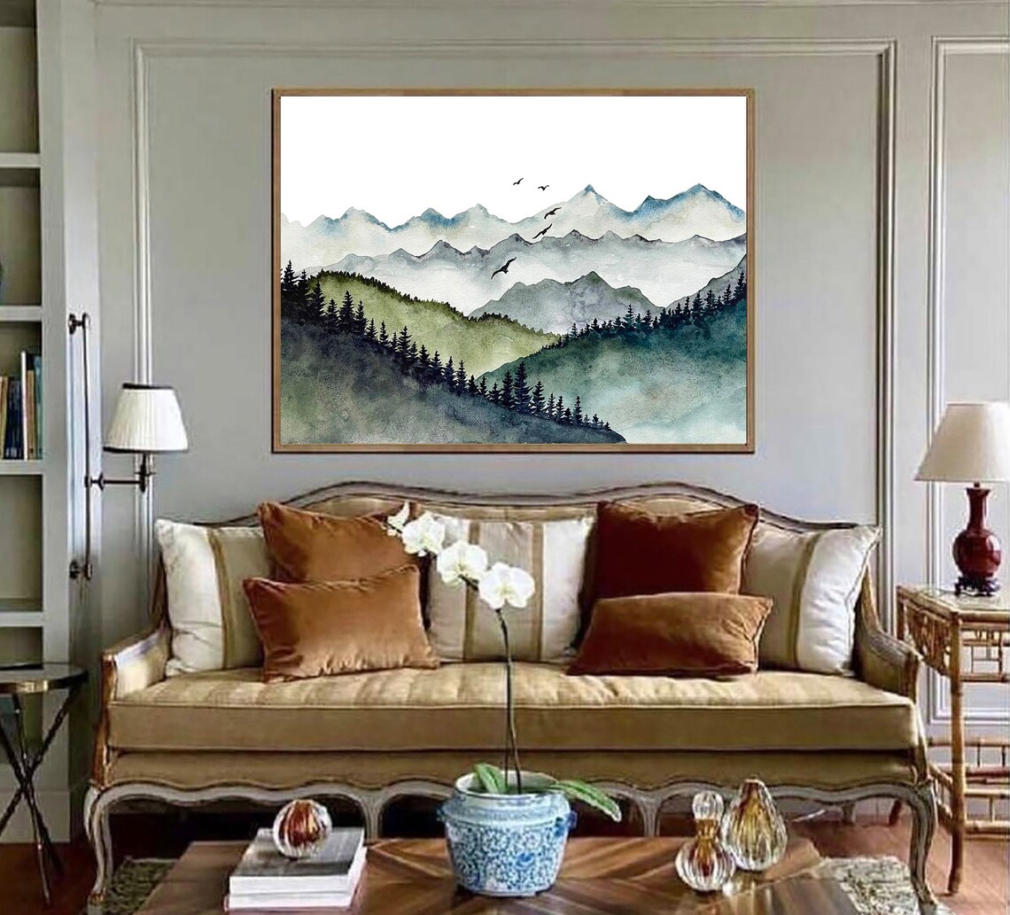 Layered Mountain Ranges Flying Birds Pine Hills Watercolor Art Poster - Image 2