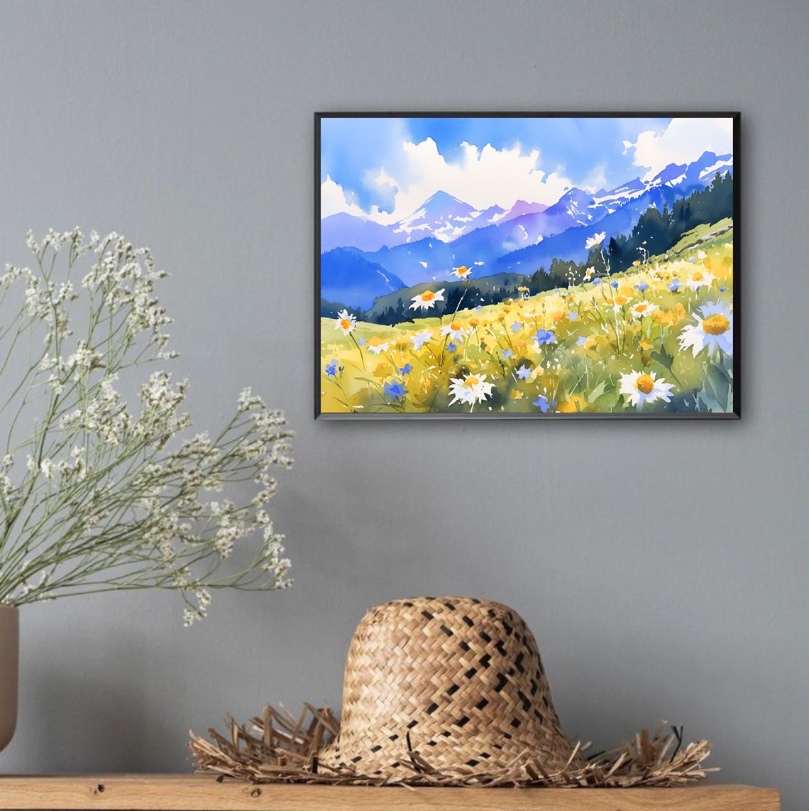 Swiss Alps Wildflower Meadow Daisies Peaks Watercolor Poster - Image 2