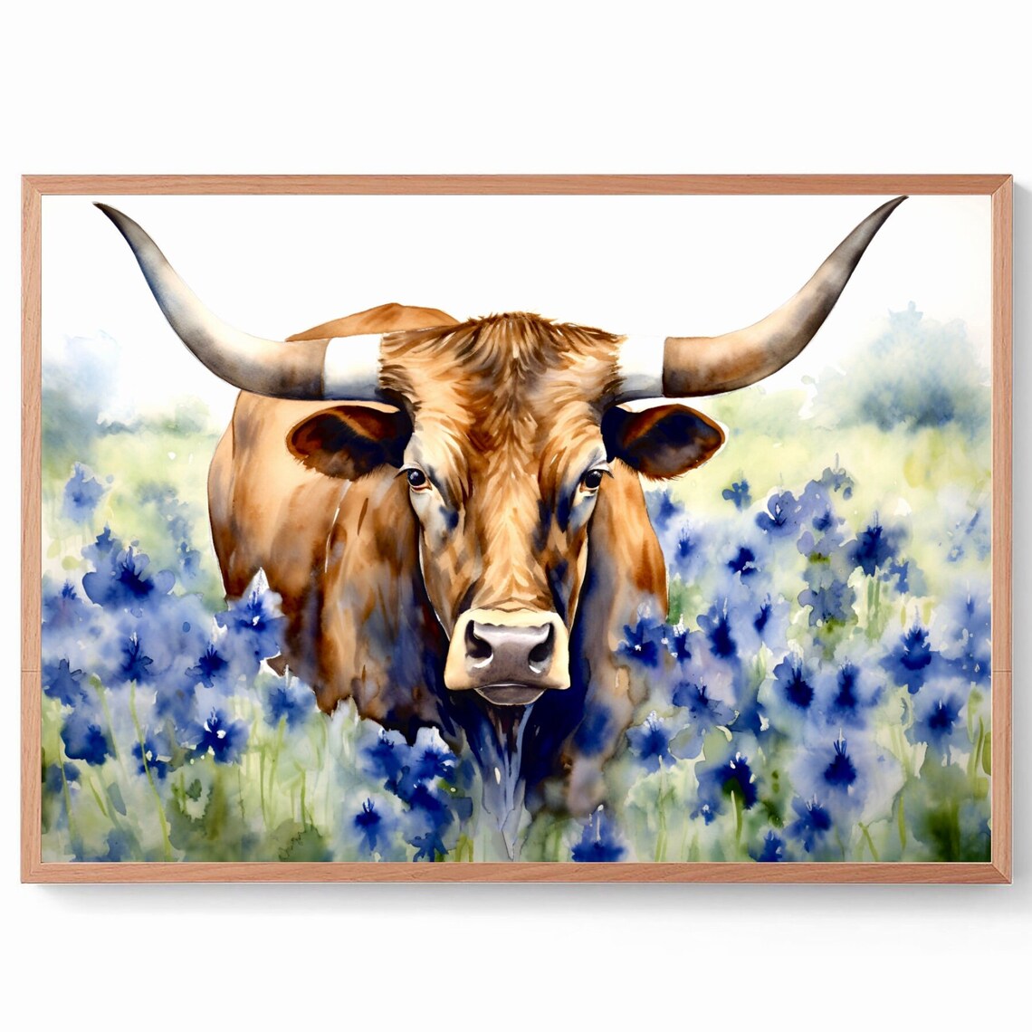 Texas Longhorn Cow Watercolor Art Print, Austin
