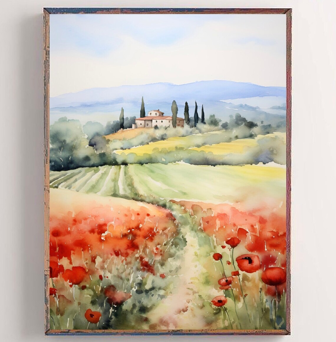 Tuscany Poppy Print, Italy Watercolor Travel Poster