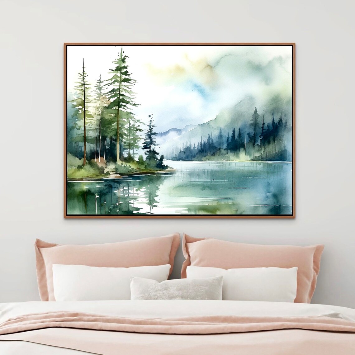 Sunrise Forest Lake Watercolor Landscape Art Print - Image 3