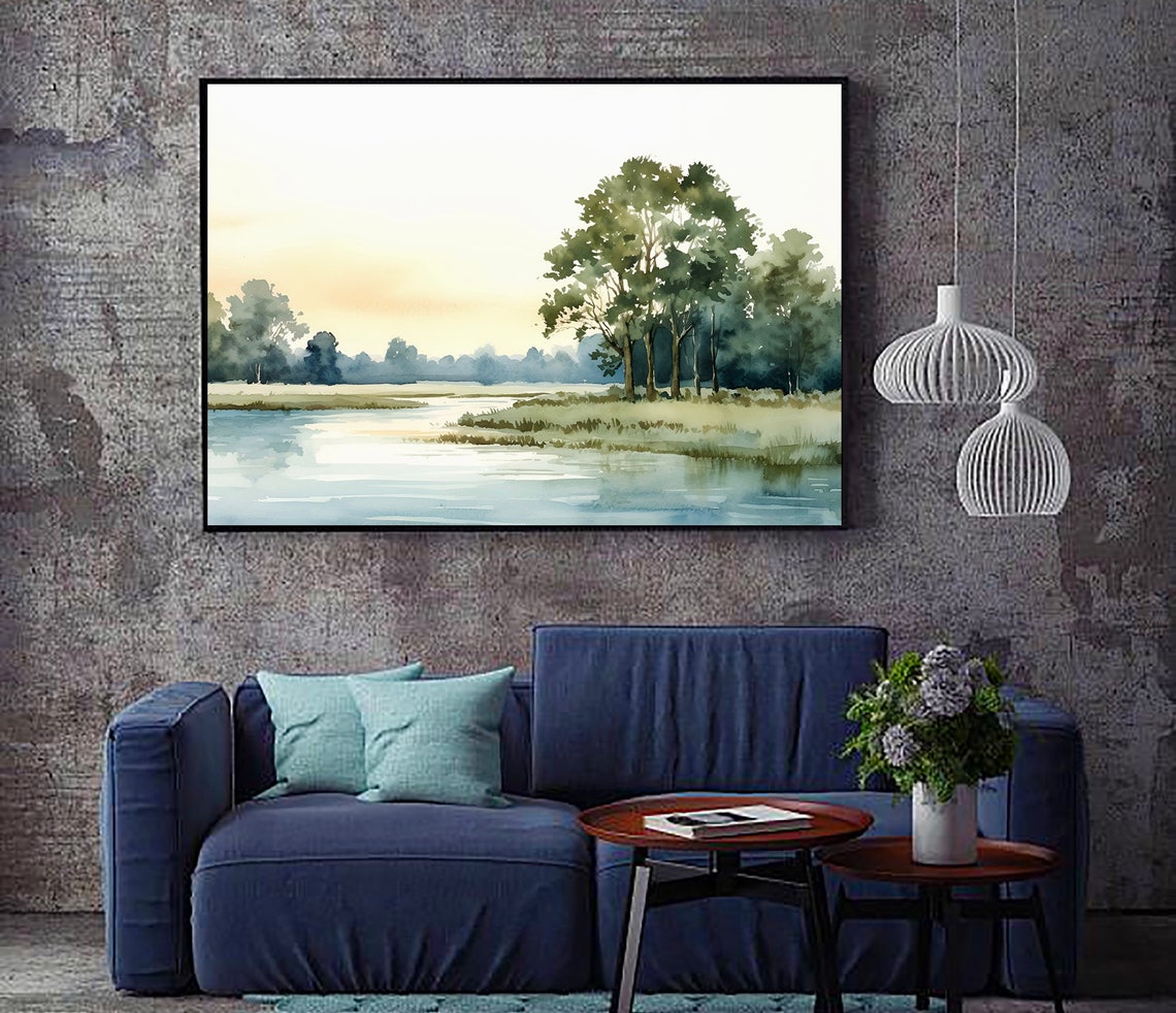 Sunset Lake Orange Sky Silhouette Trees Watercolor Evening Poster - Image 4