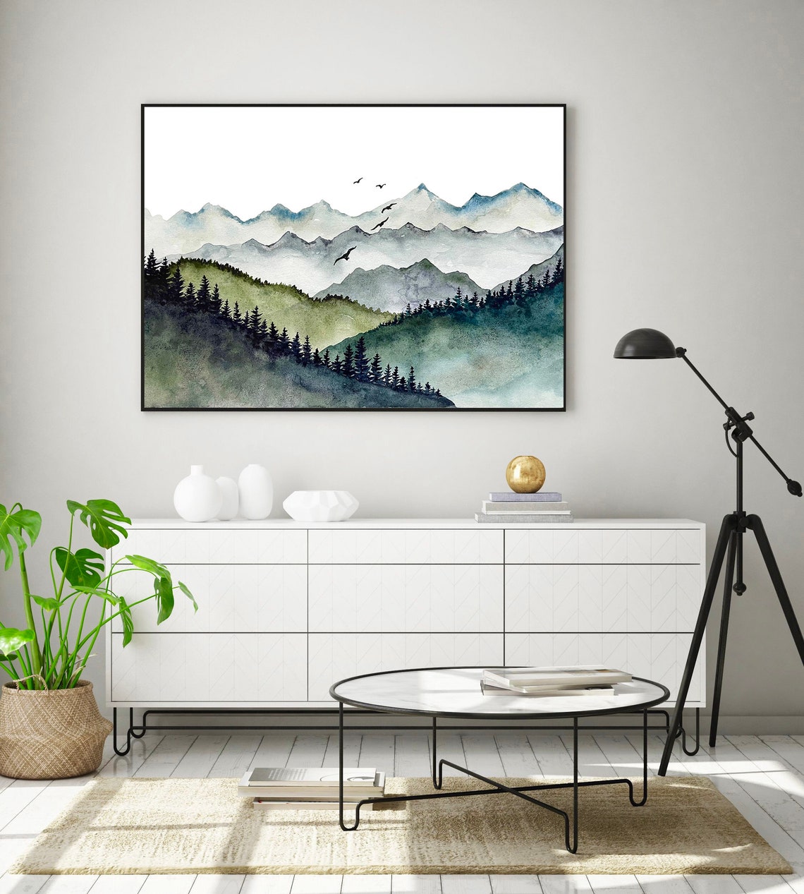 Layered Mountain Ranges Flying Birds Pine Hills Watercolor Art Poster - Image 3