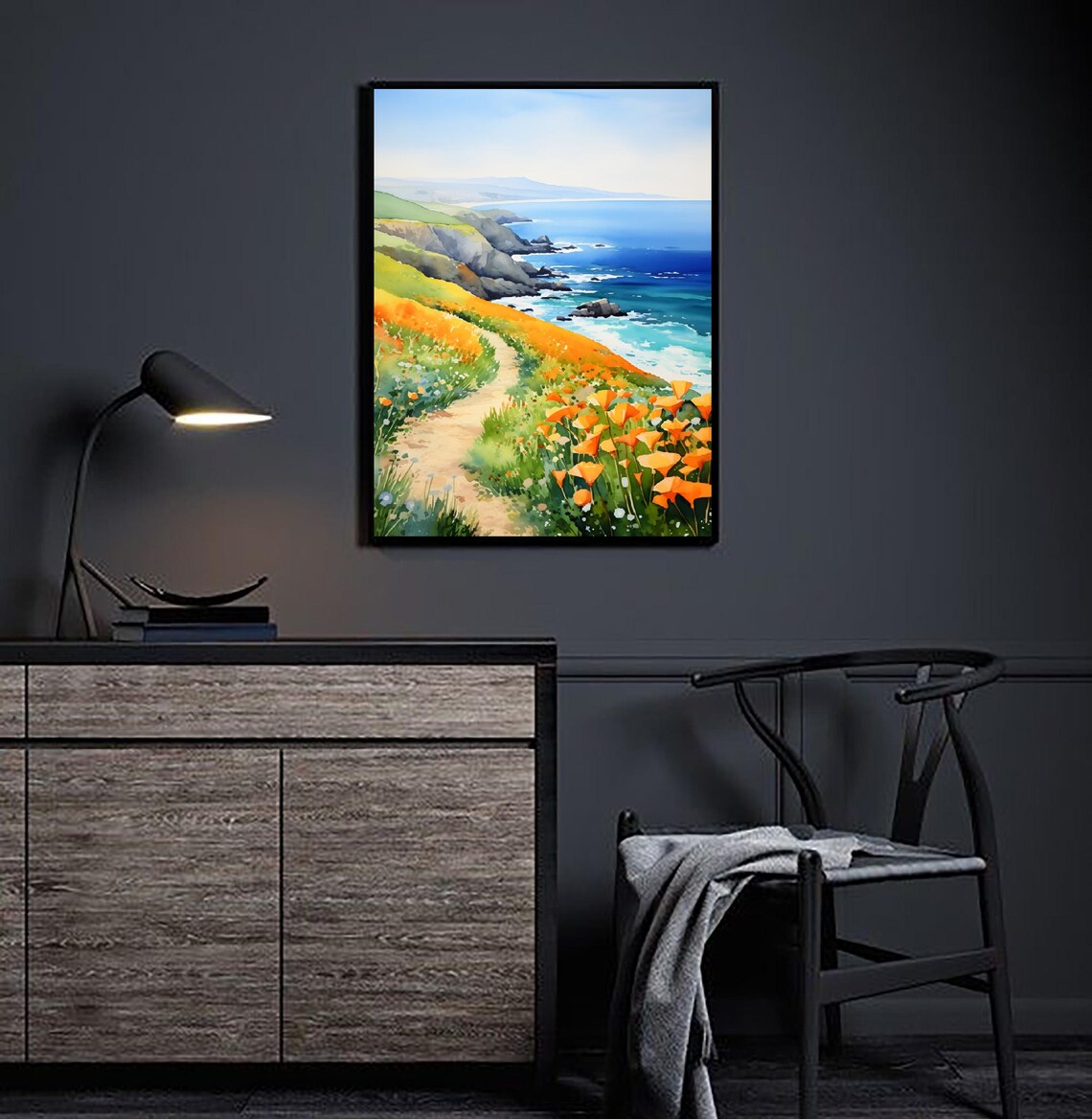 Diamond Lake Watercolor Art Print, California Poppies - Image 4