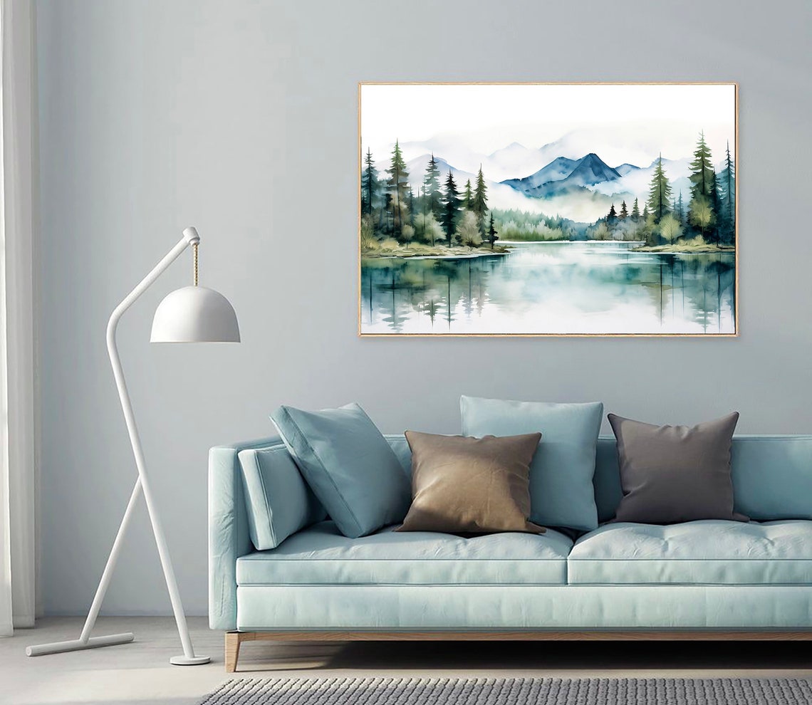 Misty Mountain Lake Pines Mirror Reflection Watercolor Poster - Image 2