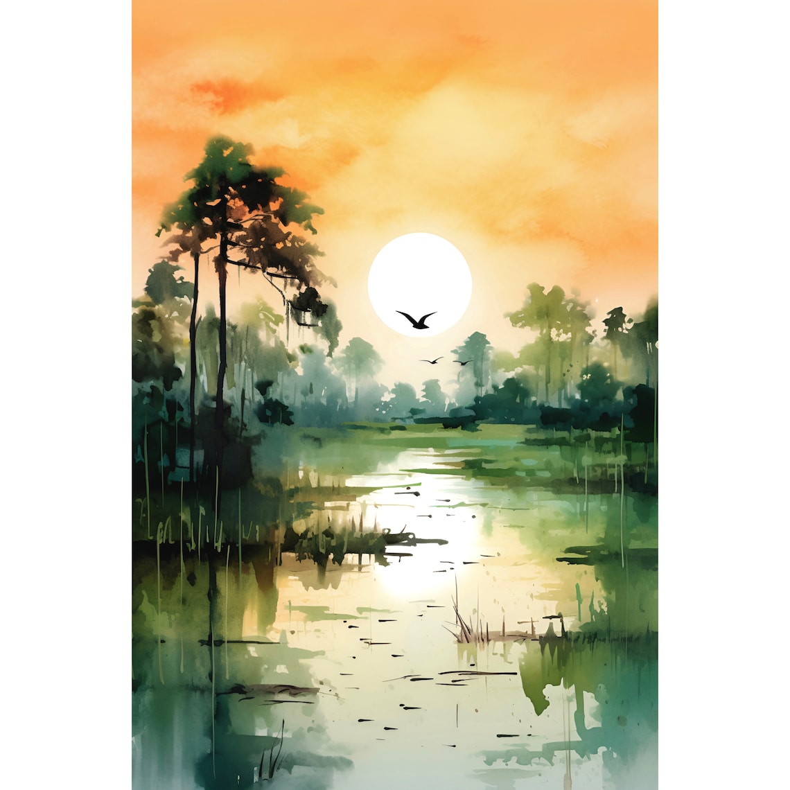 Misty Wetland Sunrise Big Sun Birds Watercolor Morning Scene Poster