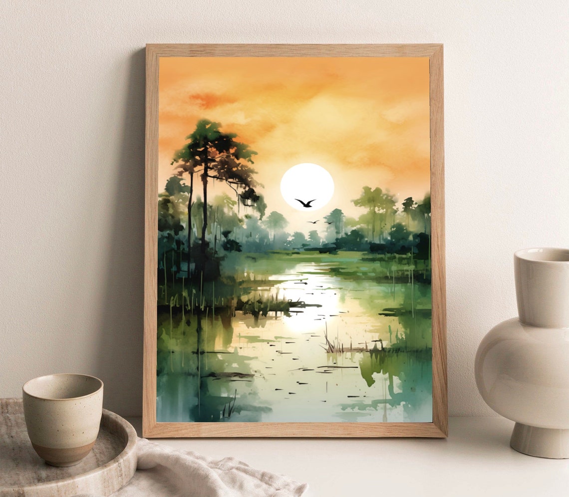 Misty Wetland Sunrise Big Sun Birds Watercolor Morning Scene Poster - Image 2