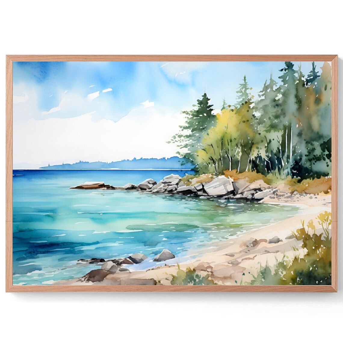 Sandy Cove Turquoise Water Pine Rocks Peaceful Bay Watercolor Poster