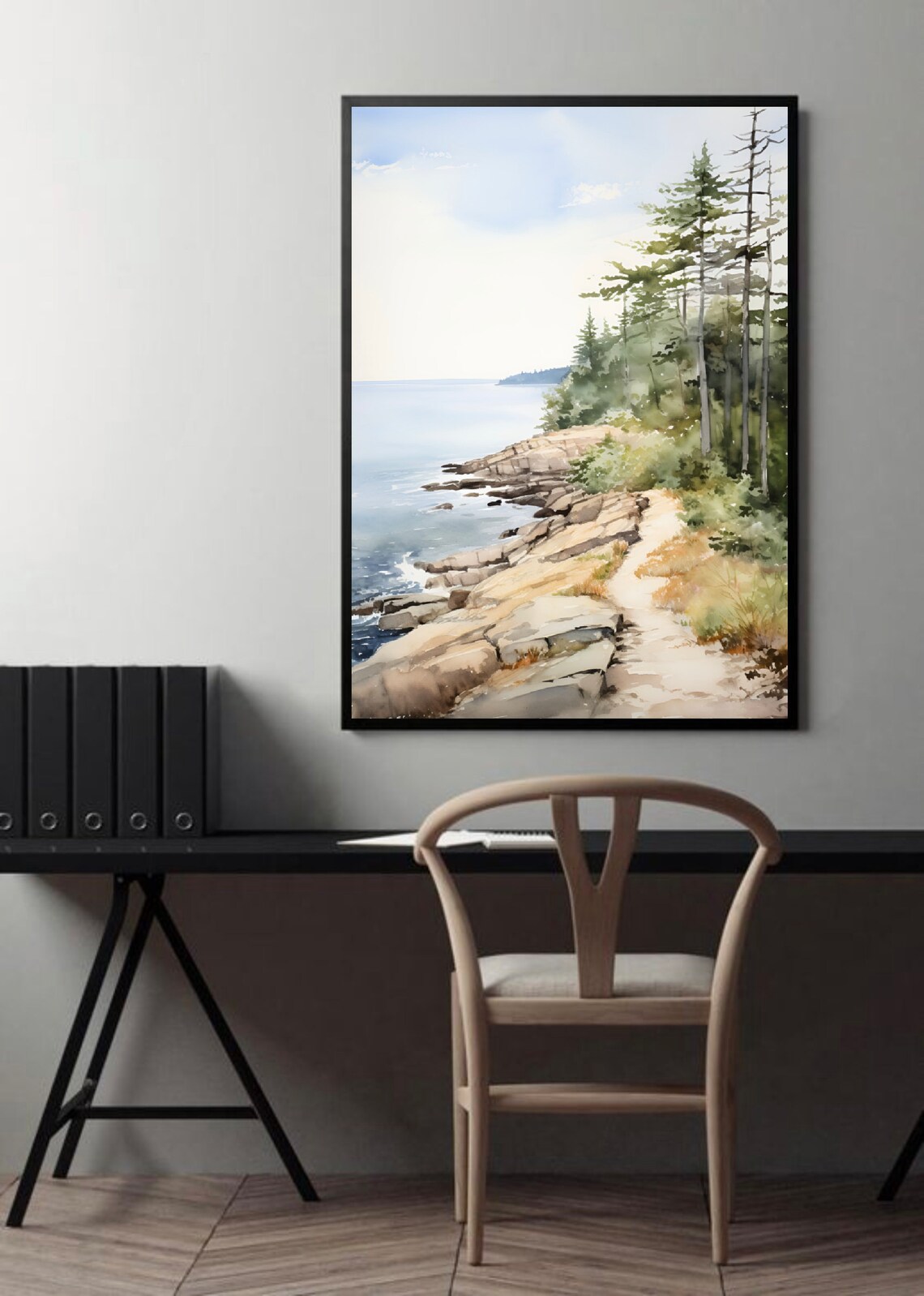 Crystal Lake Rocky Shore Pine Forest Watercolor Michigan Poster - Image 4