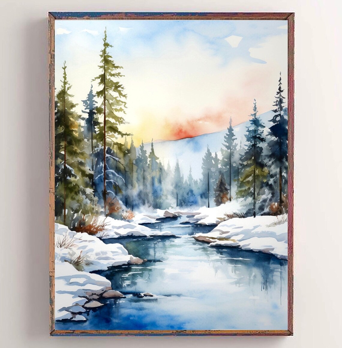 Norway Watercolor Print, Mountain River Landscape