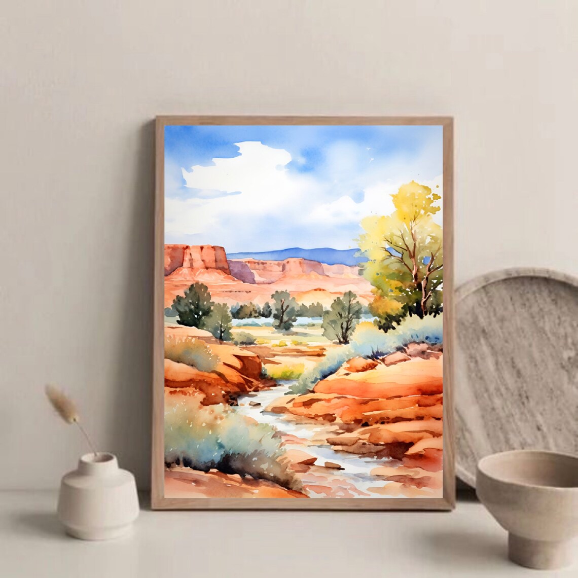 Red Rock Desert Canyon Stream Golden Tree Watercolor Scenery Poster - Image 2