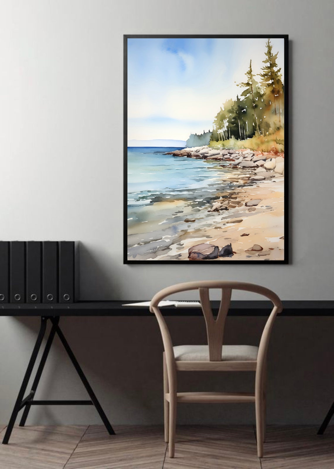 Lake Erie Rocky Shoreline Tall Pine Forest Watercolor Poster - Image 3