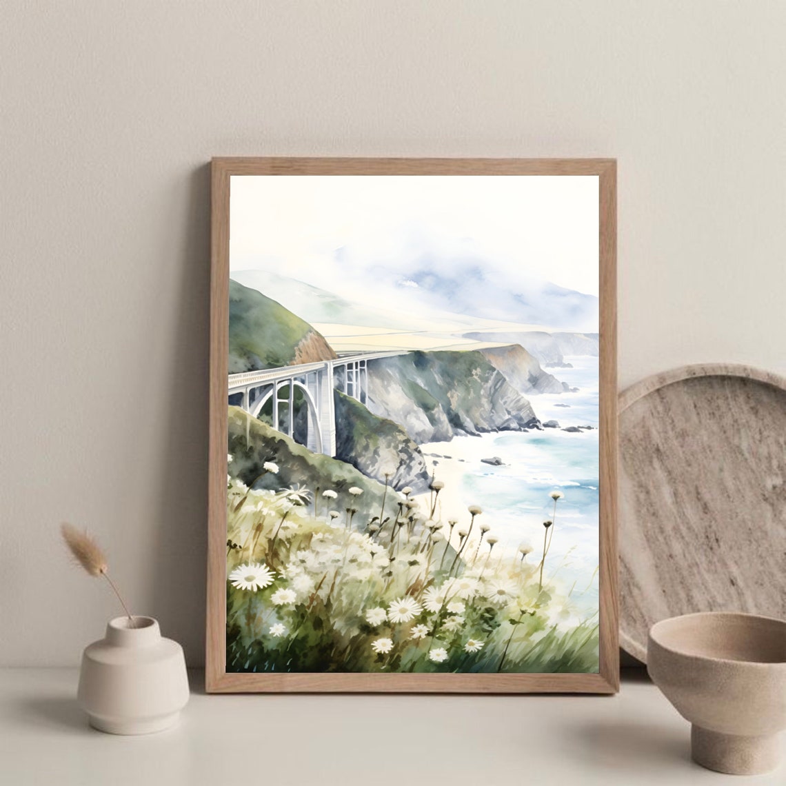 Bixby Bridge Big Sur California Coast Daisy Field Watercolor Poster - Image 2