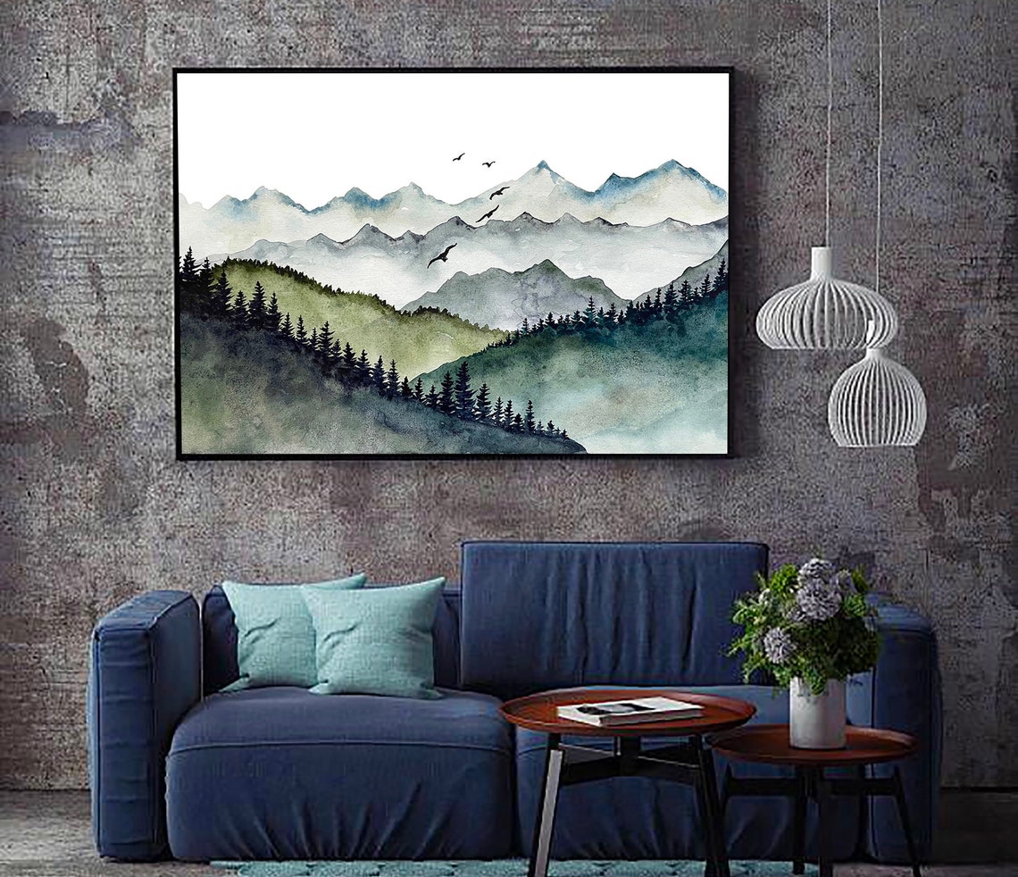 Layered Mountain Ranges Flying Birds Pine Hills Watercolor Art Poster - Image 4