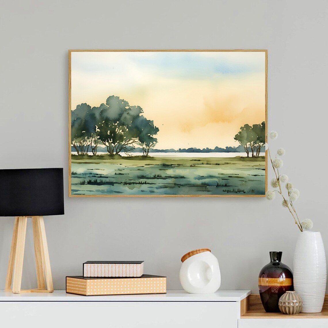 Golden Sunset Wetlands Lake Watercolor Neutral Countryside Poster - Image 3