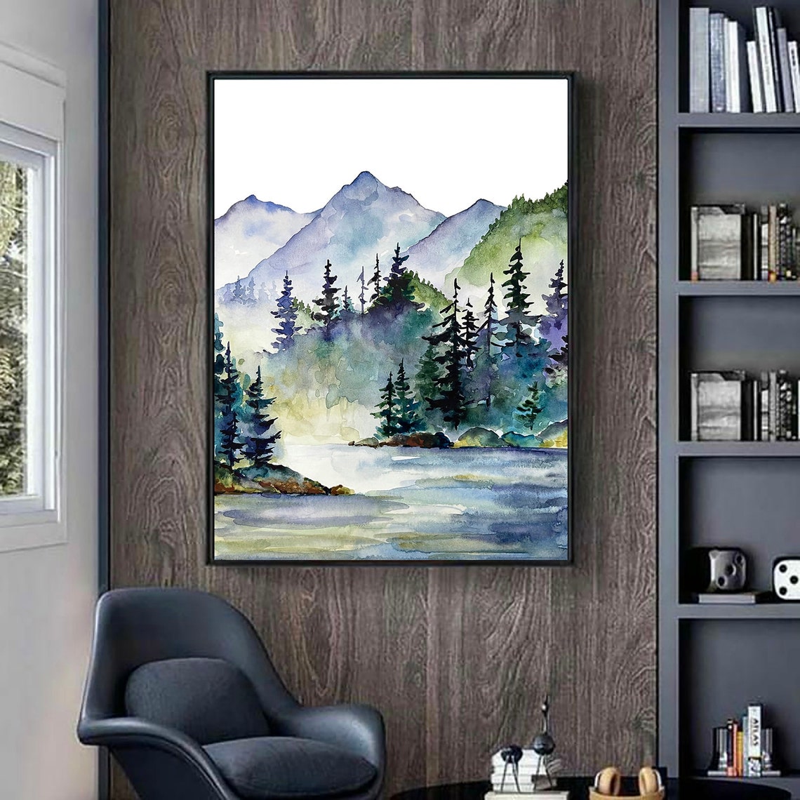 Misty Blue Mountain Lake Pine Forest Watercolor Calm Art Poster - Image 4