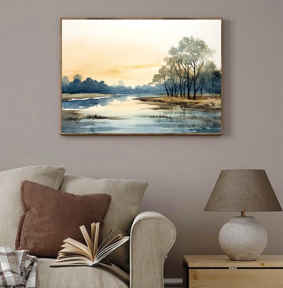 Soft Sunrise Lake Misty Trees Pastel Water Watercolor Art Poster - Image 3