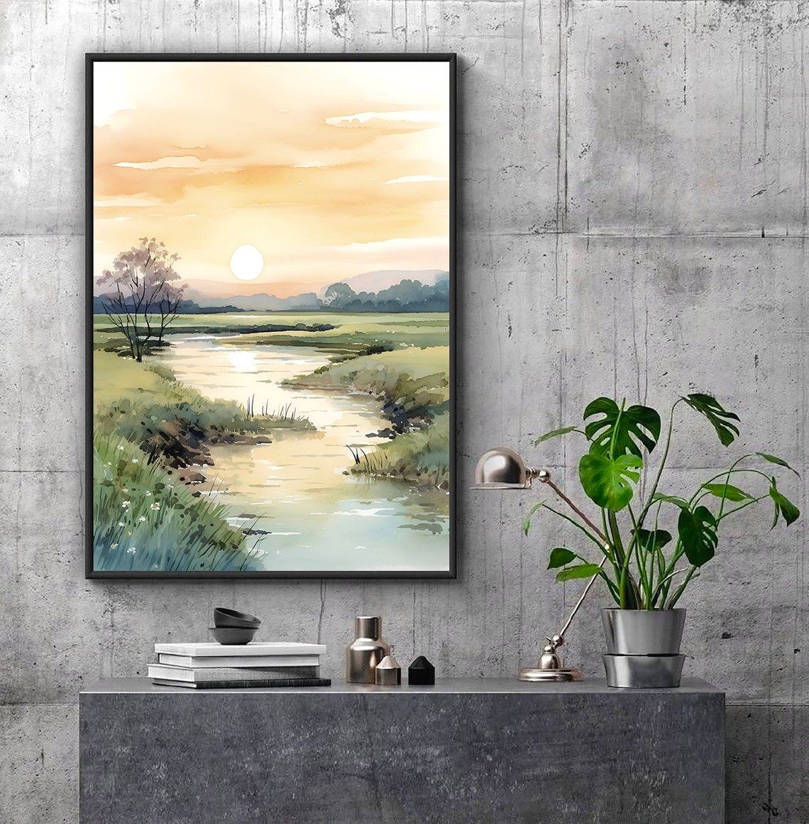 Golden River Valley Sunset Lone Tree Meadow Watercolor Art Poster - Image 4