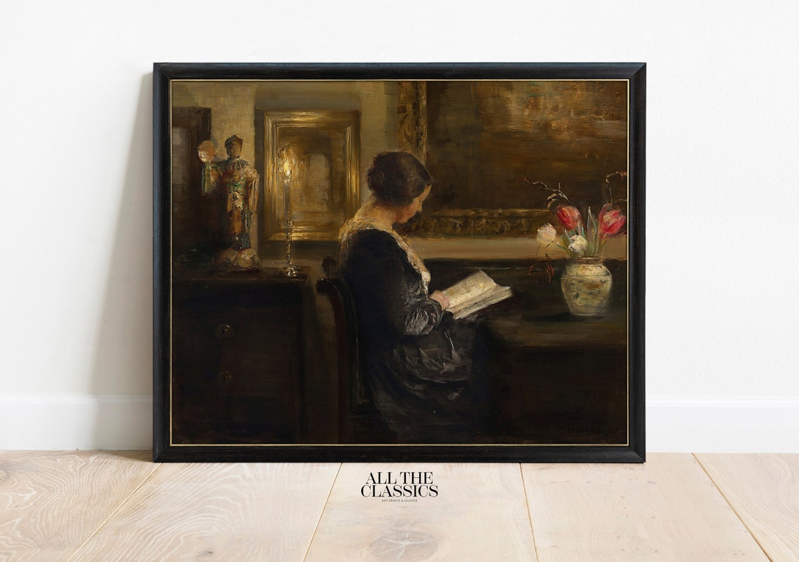 Dark Academia Woman Reading By Candlelight With Tulips Art Poster - Image 3