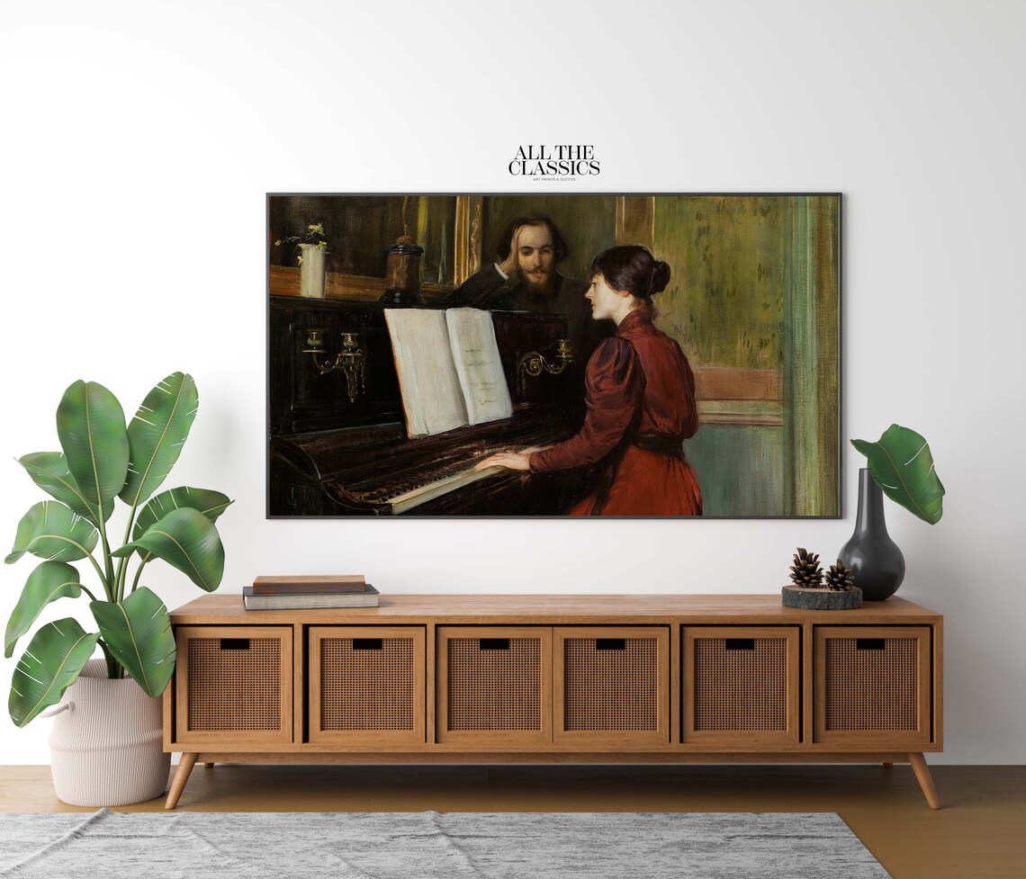 Victorian Woman in Red at the Piano with a Gentleman Vintage Poster - Image 2