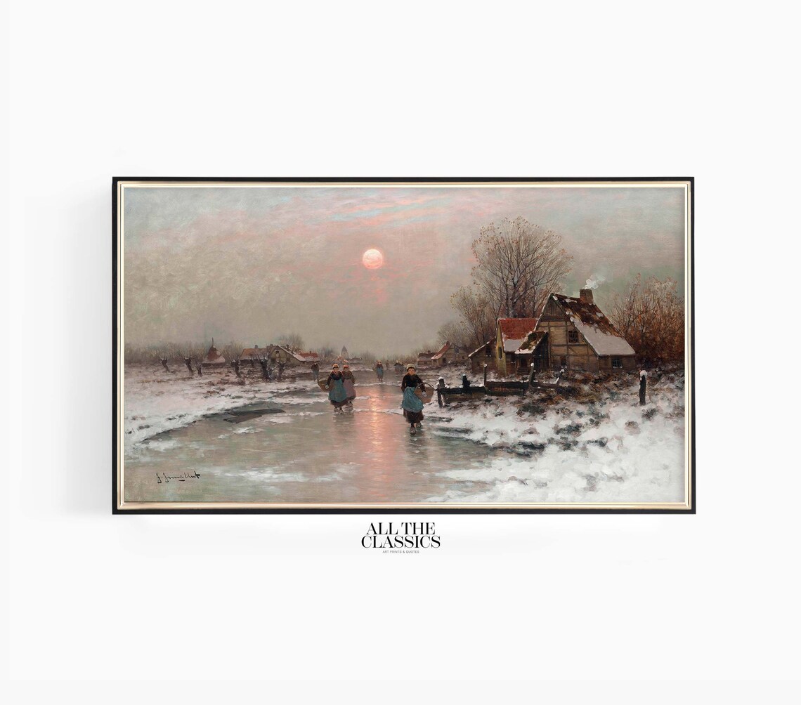 Winter Canal Sunset Frozen Village Evening Dutch Landscape Wall Art