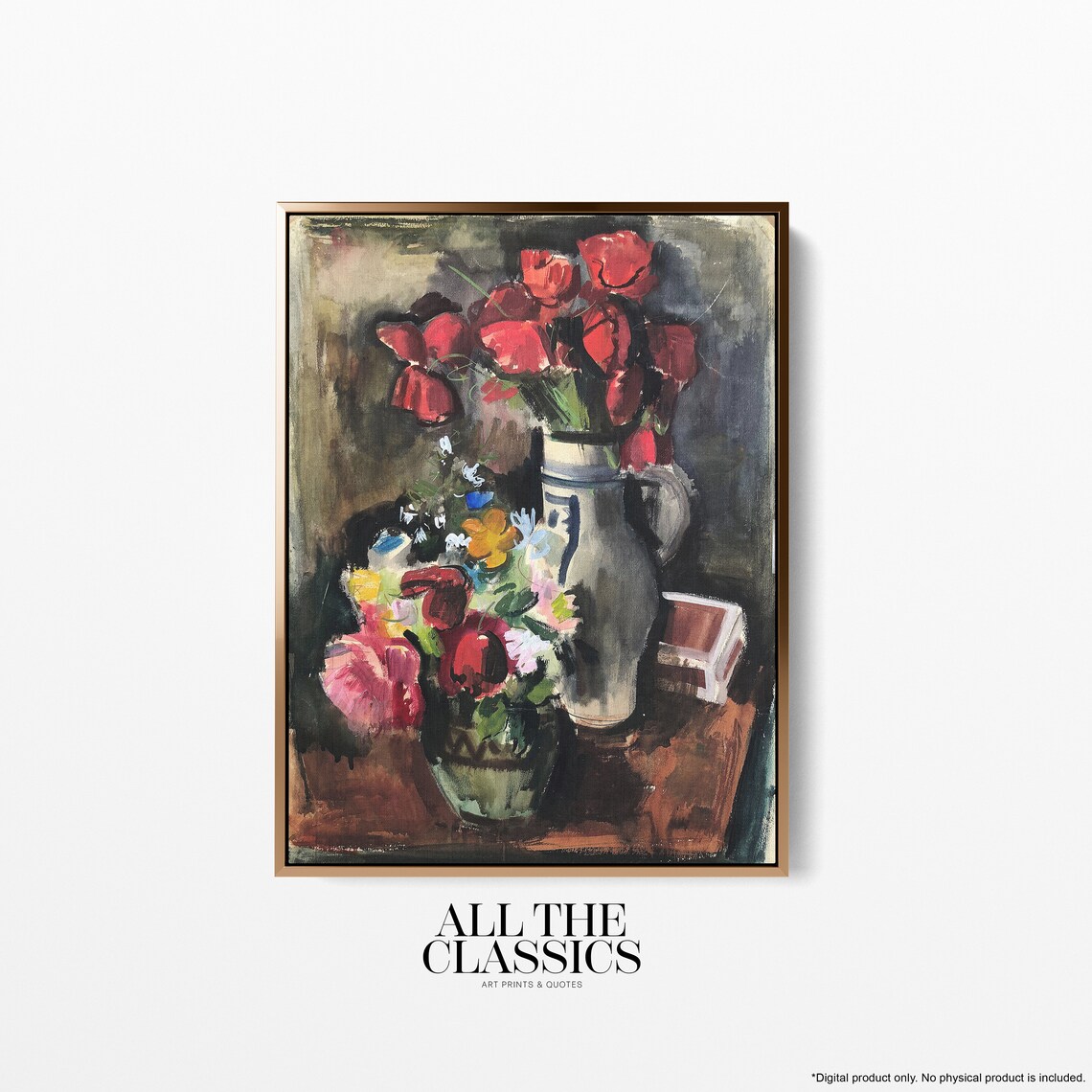 Red Flowers White Jug Book Vintage Floral Still Life Painting Print