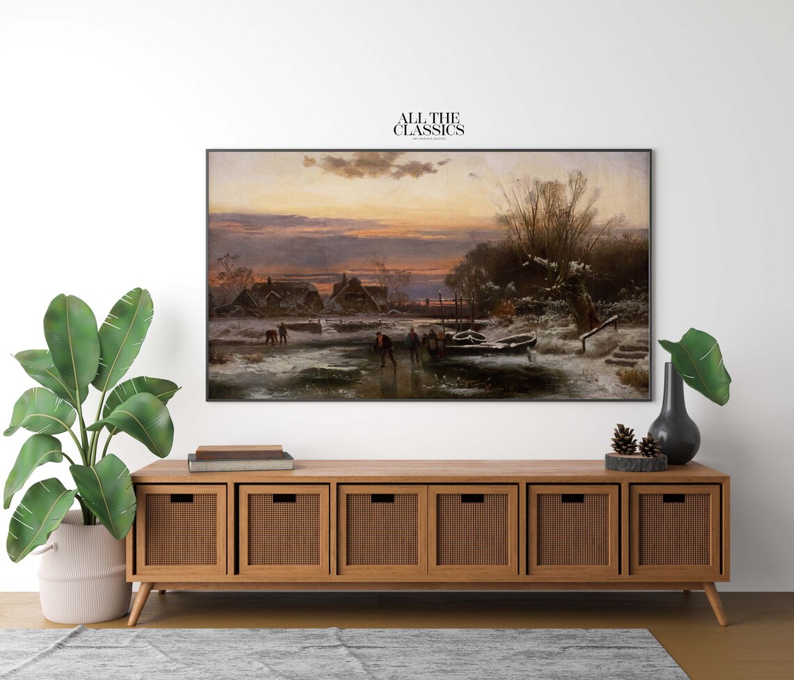 Winter Evening Sunset Frozen River Cottage Scene Vintage Painting Poster - Image 2