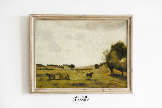 Vintage Art Print Wall Art Dramatic Rustic Landscape Neutral Green Blue View Near Epernon Jean Baptiste Camille Corot