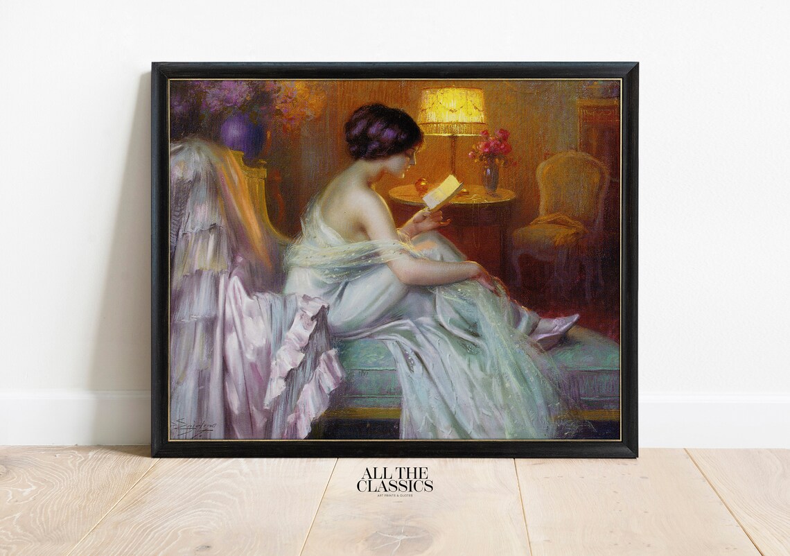 Delphin Enjolras Reading At Lamp Light Woman In White Dress Poster - Image 3