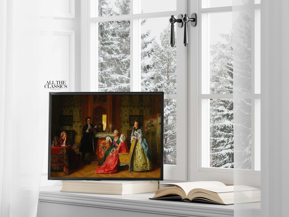 18th Century French Salon Gathering Vintage Aristocratic Scene Wall Art - Image 2