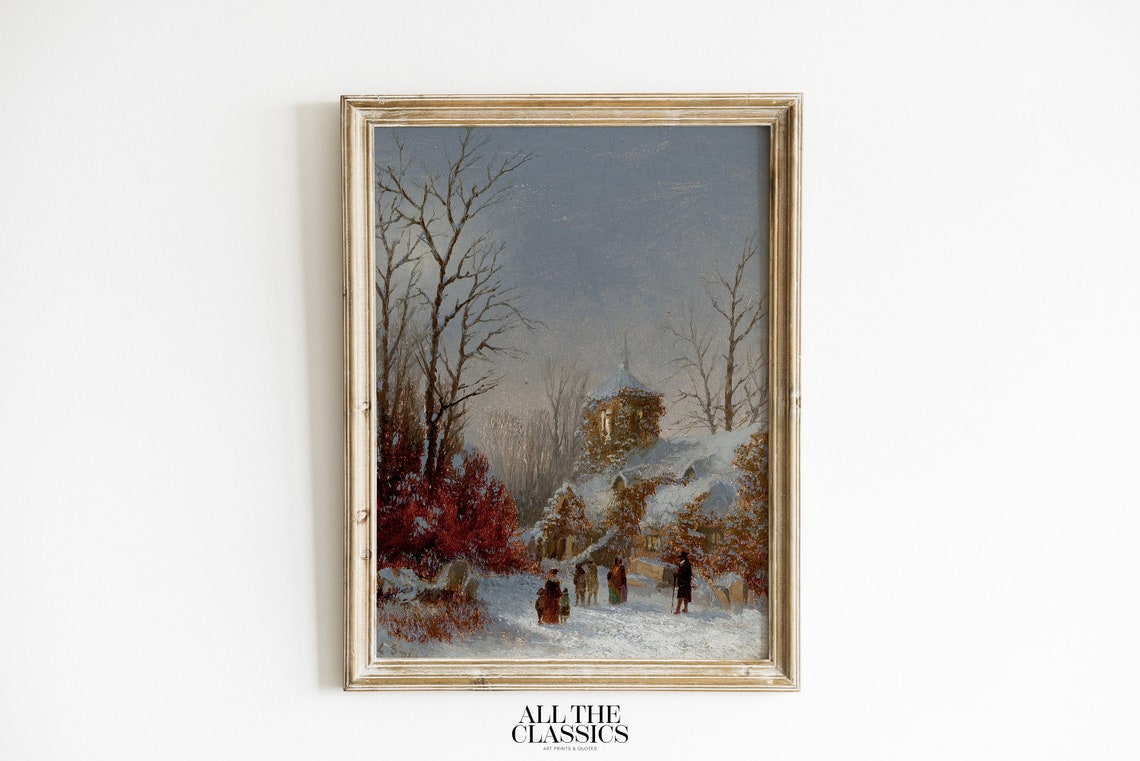 Snowy Village Church Winter Path Figures Vintage Landscape Poster