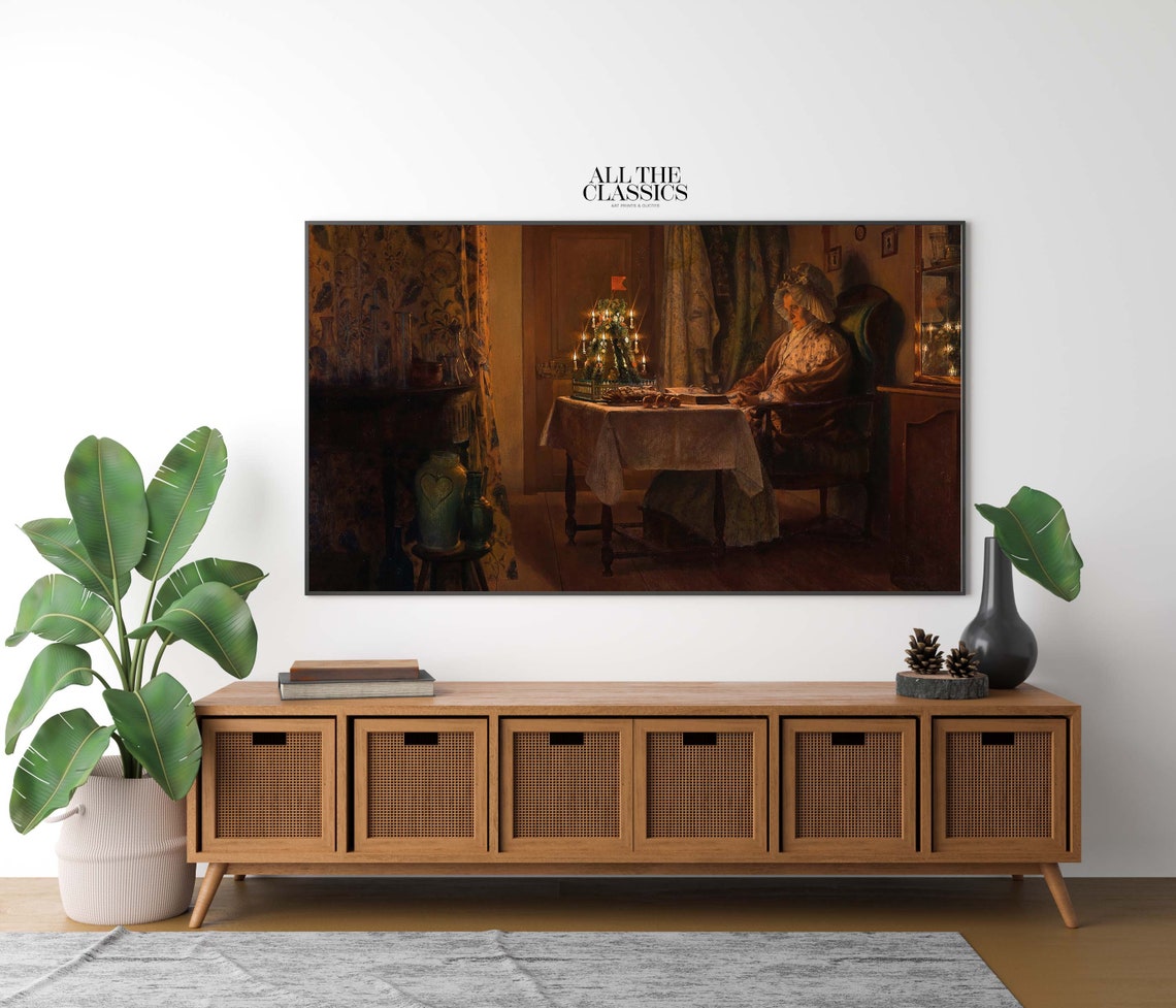 Moody Dark Christmas Evening Woman By Candlelit Tree Art Poster - Image 2