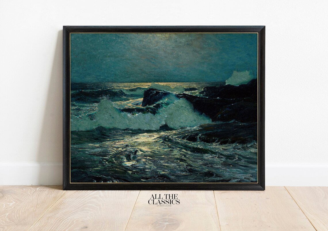 Dark Blue Seascape Crashing Waves Rocks Dramatic Ocean Painting Poster - Image 3