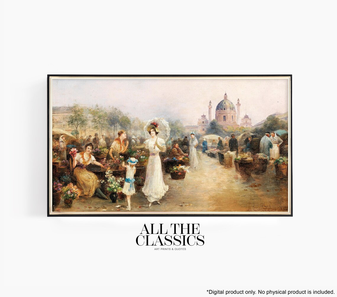 European Flower Market Cathedral Vintage Bustling Street Scene Wall Art